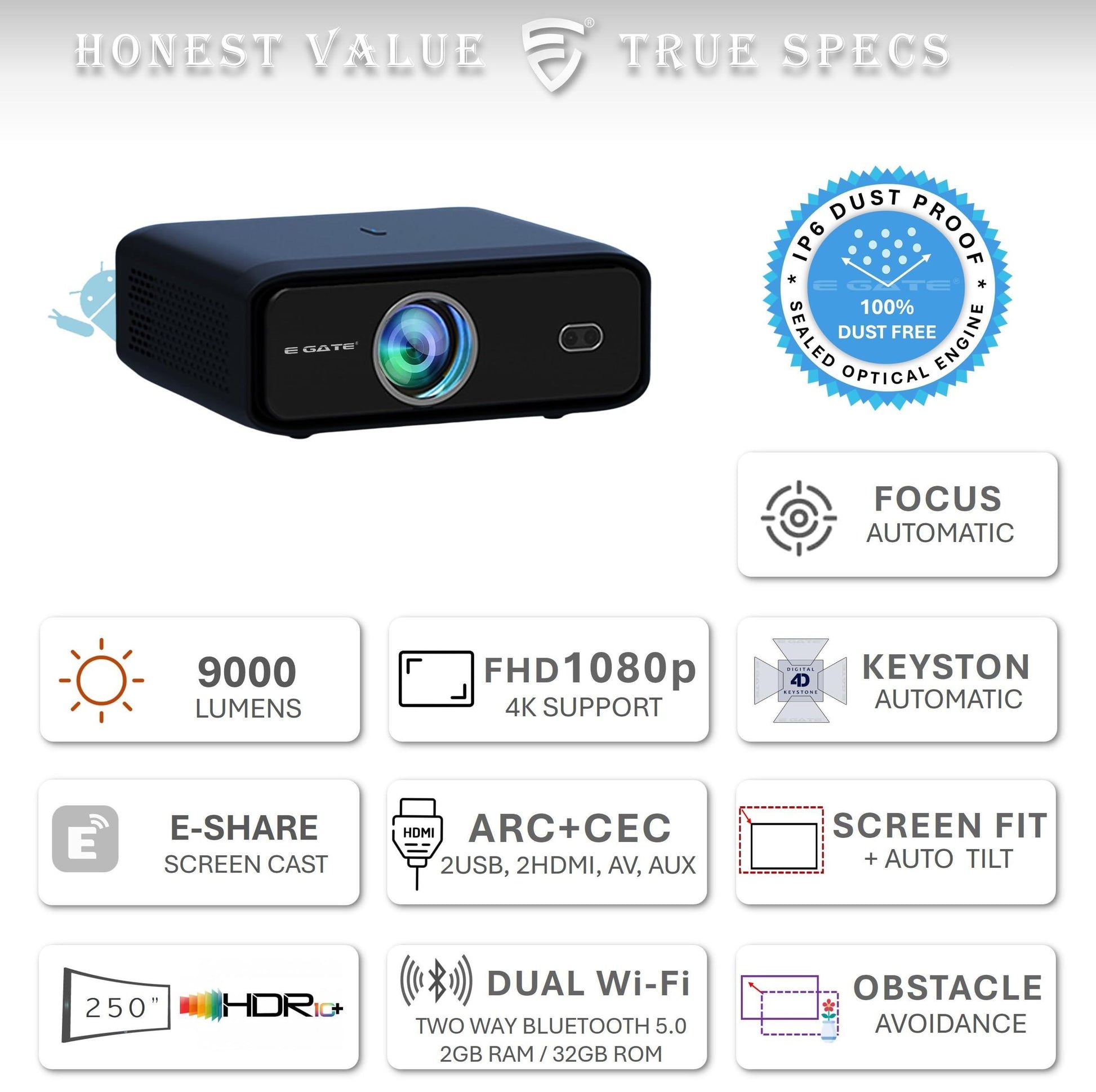 E Gate S9 Pro Automatic Smart 100% Dust Proof Projector, FHD 1080p Native, 9000 Lumens (750 ANSI), Sealed Optics, Auto (Keystone+Focus+Obstacle+Tilt), 2GB-32GB, TV-ARC, WiFi 6, Bluetooth (EL9030) - Triveni World