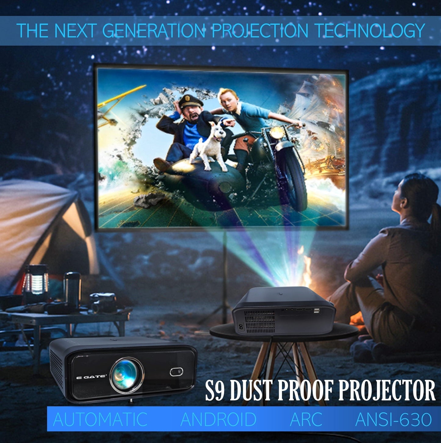 E Gate S9 Pro Automatic Smart 100% Dust Proof Projector, FHD 1080p Native, 9000 Lumens (750 ANSI), Sealed Optics, Auto (Keystone+Focus+Obstacle+Tilt), 2GB-32GB, TV-ARC, WiFi 6, Bluetooth (EL9030) - Triveni World