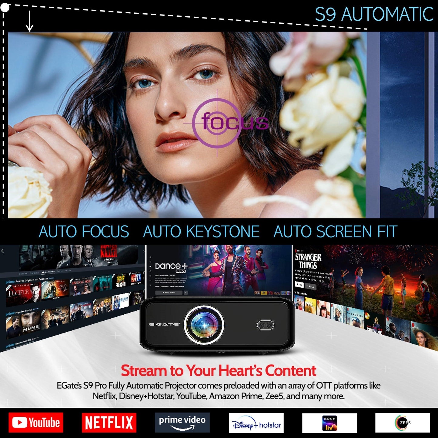 E Gate S9 Pro Dual OS Sealed Fully Automatic Projector, 9000 Lumens Android Full HD 1080p Native & 4k Support, Dust Proof, Auto (Keystone+Focus+Obstacle+Tilt), 2GB-32GB, HDMI ARC, WiFi6 & BT - Triveni World