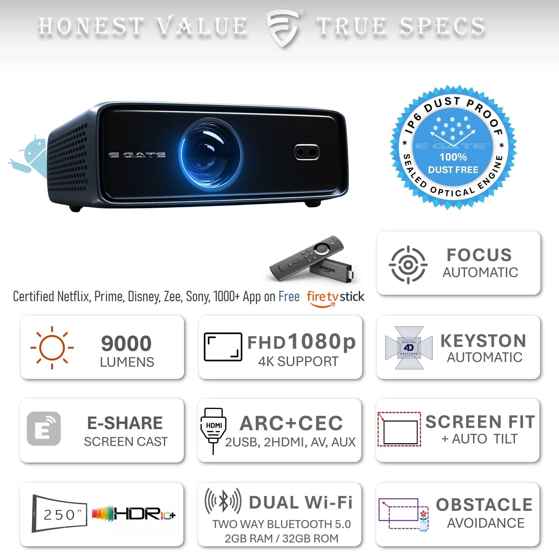 E Gate S9 Pro Dual OS Sealed Fully Automatic Projector, 9000 Lumens Android Full HD 1080p Native & 4k Support, Dust Proof, Auto (Keystone+Focus+Obstacle+Tilt), 2GB-32GB, HDMI ARC, WiFi6 & BT - Triveni World