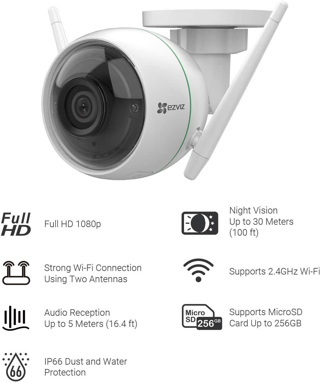 EZVIZ by Hikvision|WiFi Outdoor Security Camera to Secure Your Property with FullHD 1080p Resolution|Night Vision|IP66 Water & Dust Protection|Built in MicroSD Card Upto 256GB, White(C3WN) - Triveni World