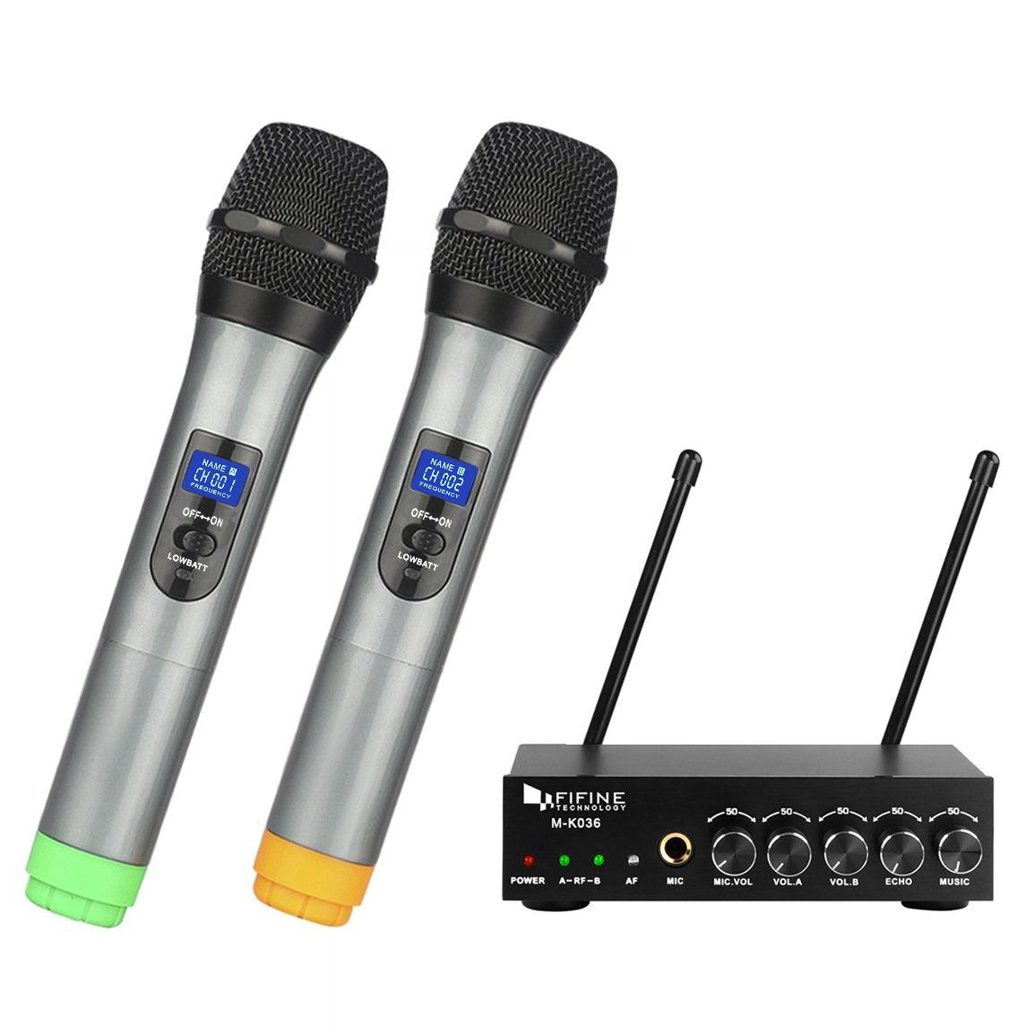 Fifine K036 UHF Dual Channel Wireless Unidirectional Handheld Wireless Microphone (Grey) - Triveni World