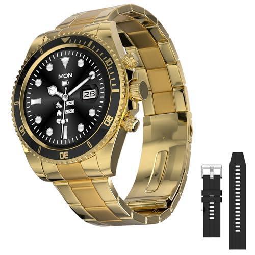 Fire-Boltt Avalanche Stainless Steel Smart Watch with Free Silicone Strap, 2 Watch Looks - Sporty & Fomal, Bluetooth Calling with 1.28” HD Display, 2 Button Pushers (Gold Black) - Triveni World