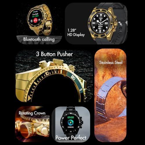 Fire-Boltt Avalanche Stainless Steel Smart Watch with Free Silicone Strap, 2 Watch Looks - Sporty & Fomal, Bluetooth Calling with 1.28” HD Display, 2 Button Pushers (Gold Black) - Triveni World