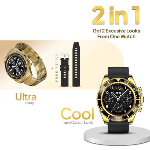 Fire-Boltt Avalanche Stainless Steel Smart Watch with Free Silicone Strap, 2 Watch Looks - Sporty & Fomal, Bluetooth Calling with 1.28” HD Display, 2 Button Pushers (Gold Black) - Triveni World