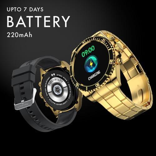 Fire-Boltt Avalanche Stainless Steel Smart Watch with Free Silicone Strap, 2 Watch Looks - Sporty & Fomal, Bluetooth Calling with 1.28” HD Display, 2 Button Pushers (Gold Black) - Triveni World