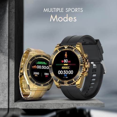 Fire-Boltt Avalanche Stainless Steel Smart Watch with Free Silicone Strap, 2 Watch Looks - Sporty & Fomal, Bluetooth Calling with 1.28” HD Display, 2 Button Pushers (Gold Black) - Triveni World