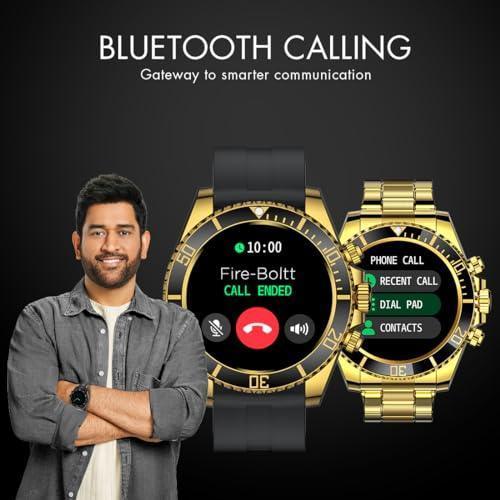 Fire-Boltt Avalanche Stainless Steel Smart Watch with Free Silicone Strap, 2 Watch Looks - Sporty & Fomal, Bluetooth Calling with 1.28” HD Display, 2 Button Pushers (Gold Black) - Triveni World