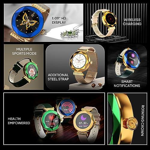 Fire-Boltt Emerald Gemstone-Studded Diamond Cut Smart Watch with 1.09” HD Display, Multiple Sports Modes, Health Suite, Wireless Charging, IP68 with Additional Stainless Steel Strap (Blue) - Triveni World