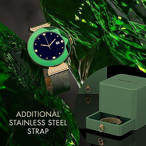 Fire-Boltt Emerald Gemstone-Studded Diamond Cut Smart Watch with 1.09” HD Display, Multiple Sports Modes, Health Suite, Wireless Charging, IP68 with Additional Stainless Steel Strap (Blue) - Triveni World