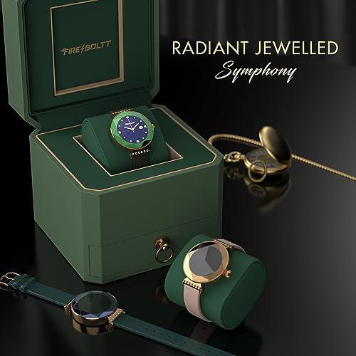 Fire-Boltt Emerald Gemstone-Studded Diamond Cut Smart Watch with 1.09” HD Display, Multiple Sports Modes, Health Suite, Wireless Charging, IP68 with Additional Stainless Steel Strap (Blue) - Triveni World