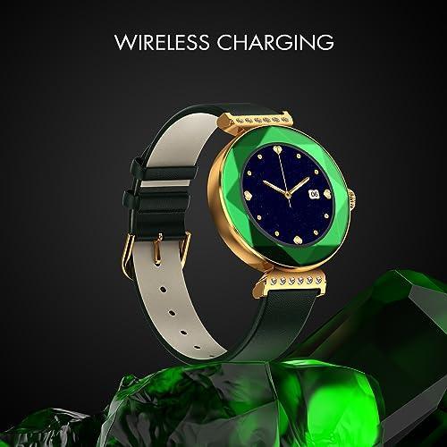 Fire-Boltt Emerald Gemstone-Studded Diamond Cut Smart Watch with 1.09” HD Display, Multiple Sports Modes, Health Suite, Wireless Charging, IP68 with Additional Stainless Steel Strap (Green) - Triveni World