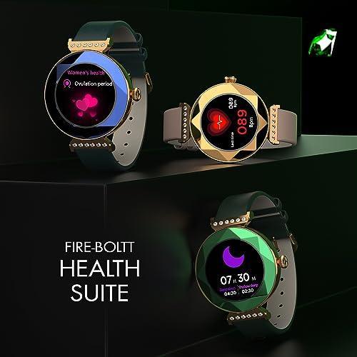 Fire-Boltt Emerald Gemstone-Studded Diamond Cut Smart Watch with 1.09” HD Display, Multiple Sports Modes, Health Suite, Wireless Charging, IP68 with Additional Stainless Steel Strap (Rose Gold) - Triveni World