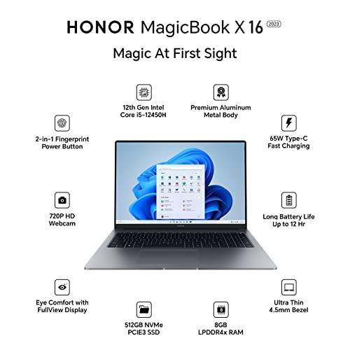 HONOR MagicBook X16 (2023), 12th Gen Intel Core i5-12450H (8GB/512GB NVMe SSD, 16-inch (40.64 cm) FHD IPS Anti-Glare Thin and Light Laptop/Windows 11/Backlit Keyboard/Fingerprint Login/1.75Kg), Gray - Triveni World