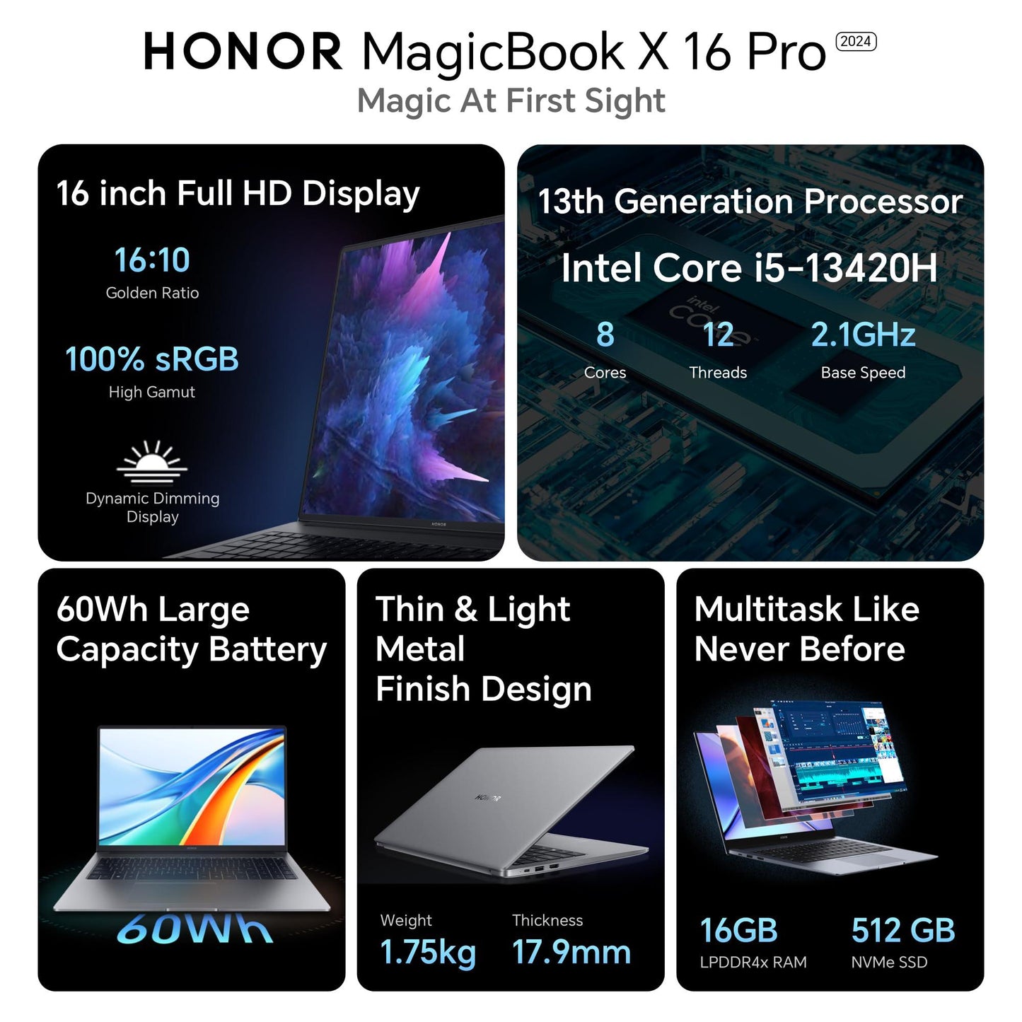 HONOR MagicBook X16 Pro 2024, 13th Gen Intel Core i5-13420H (16GB/512GB NVMe SSD, 16-inch (40.64 cm) FHD IPS Anti-Glare Thin and Light Laptop/Windows 11/Backlit Keyboard/Fingerprint/1.75Kg), Gray - Triveni World