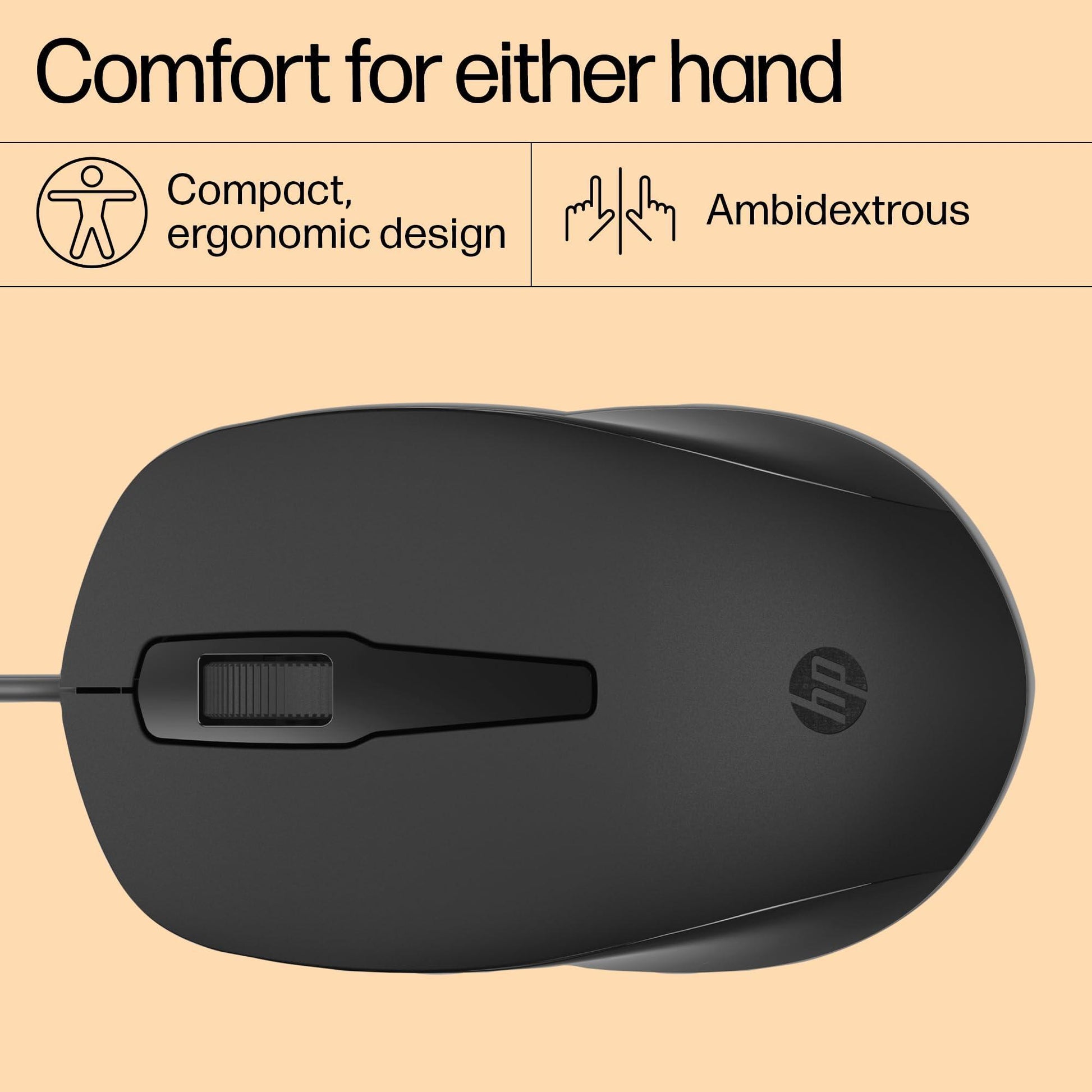 HP 150 Wired Mouse- Elegant Ergonomic Design, 1600 DPI Optical Tracking, USB Plug & Play / 3 Years Warranty (240J6AA), Black - Triveni World