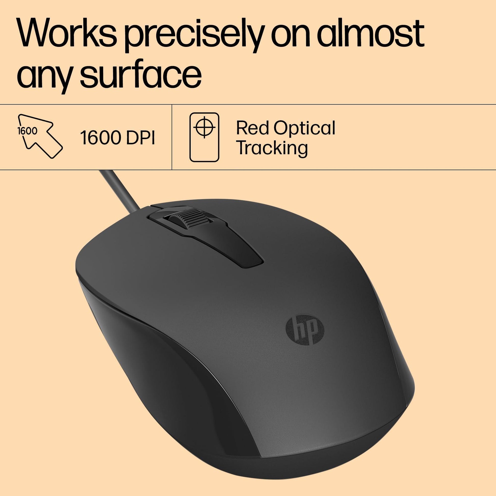 HP 150 Wired Mouse- Elegant Ergonomic Design, 1600 DPI Optical Tracking, USB Plug & Play / 3 Years Warranty (240J6AA), Black - Triveni World