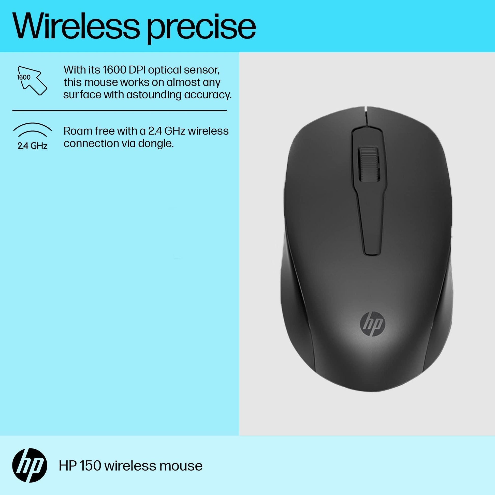 HP 150 Wireless Mouse,1600 DPI, 10 m Range, 2.4 GHz USB dongle for Instant connectivity, Ambidextrous, Ergonomic Design, Rubber Grip for All Day Comfort, 12 Month Battery, 3 Years Warranty - Triveni World