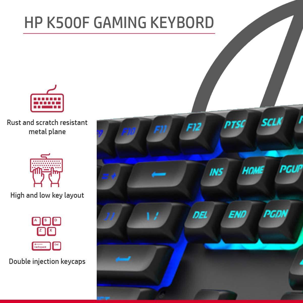 HP K500F Backlit Membrane Wired Gaming Keyboard with Mixed Color Lighting, Metal Panel with Logo Lighting, 26 Anti-Ghosting Keys, and Windows Lock Key / 3 Years Warranty(7ZZ97AA) - Triveni World