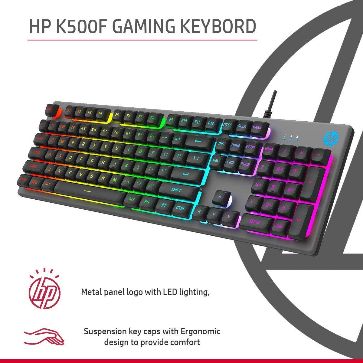 HP K500F Backlit Membrane Wired Gaming Keyboard with Mixed Color Lighting, Metal Panel with Logo Lighting, 26 Anti-Ghosting Keys, and Windows Lock Key / 3 Years Warranty(7ZZ97AA) - Triveni World