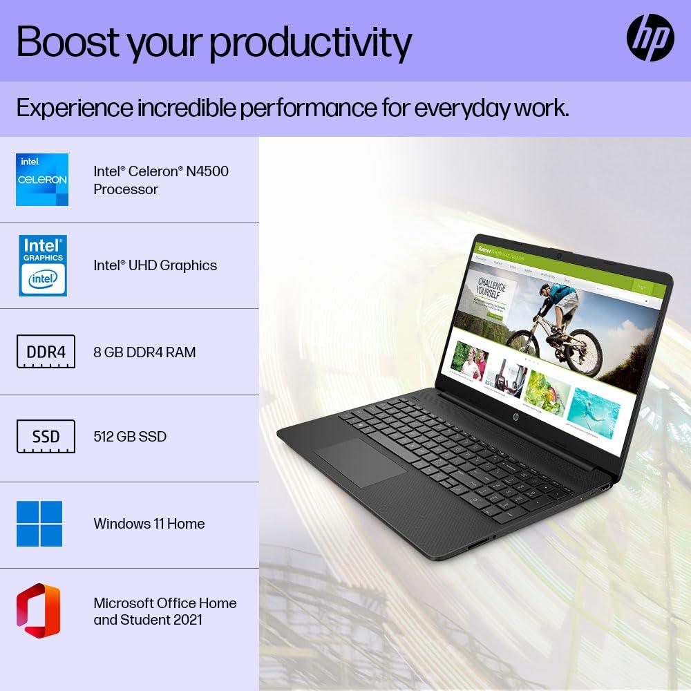 HP Laptop 15s, Intel Celeron N4500, 15.6-inch (39.6 cm), HD, 8GB DDR4, 512GB SSD, Intel UHD Graphics, 720p HD Camera, Thin & Light, Dual Speakers (Win 11, Black, 1.65 kg), fq3066TU - Triveni World