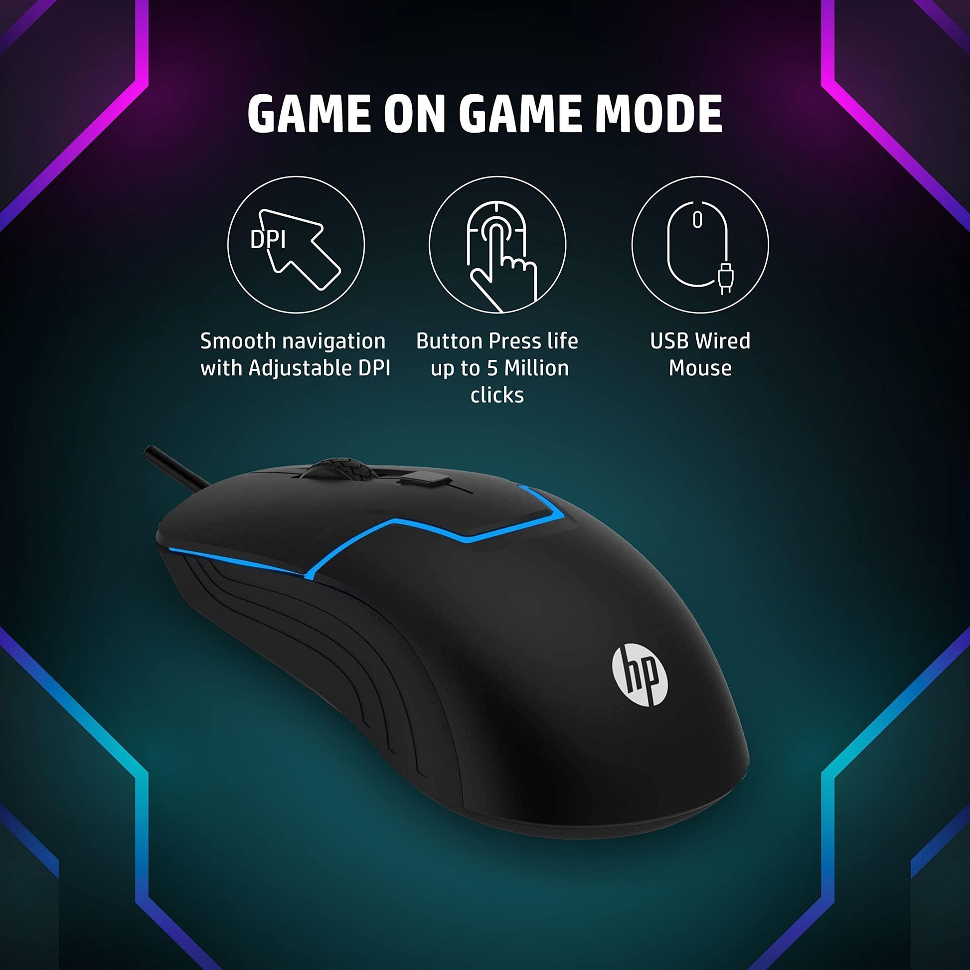 HP M100 USB Wired Gaming Optical Mouse with LED Backlight and Adjustable 1000/1600 DPI Settings, 3 Buttons and Press Life Up to 5 Million Clicks, 1 Year Warranty (3DR60PA, Black) - Triveni World