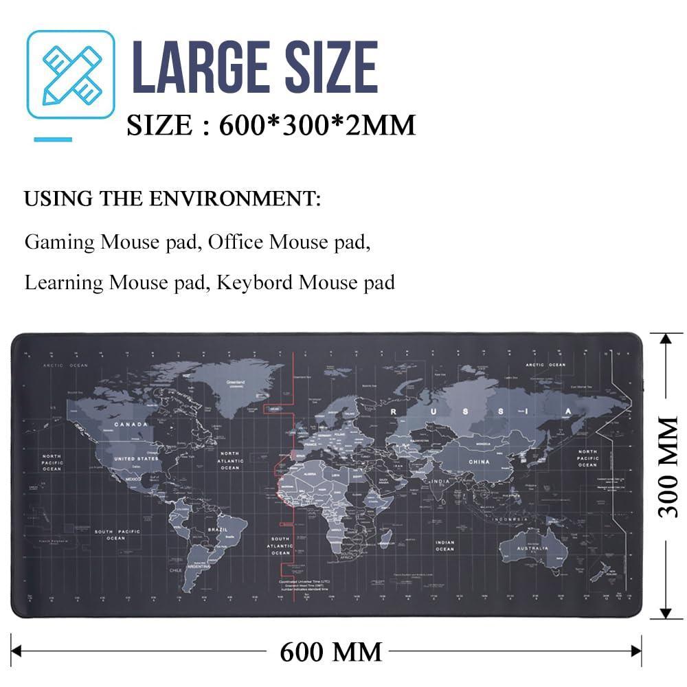 INOVERA World Map Anti-Slip Extended Desk Mat Gaming Rubber Stitched Mouse Pad for Laptop and Computer, 600L x 300B mm (Black, Medium) - Triveni World