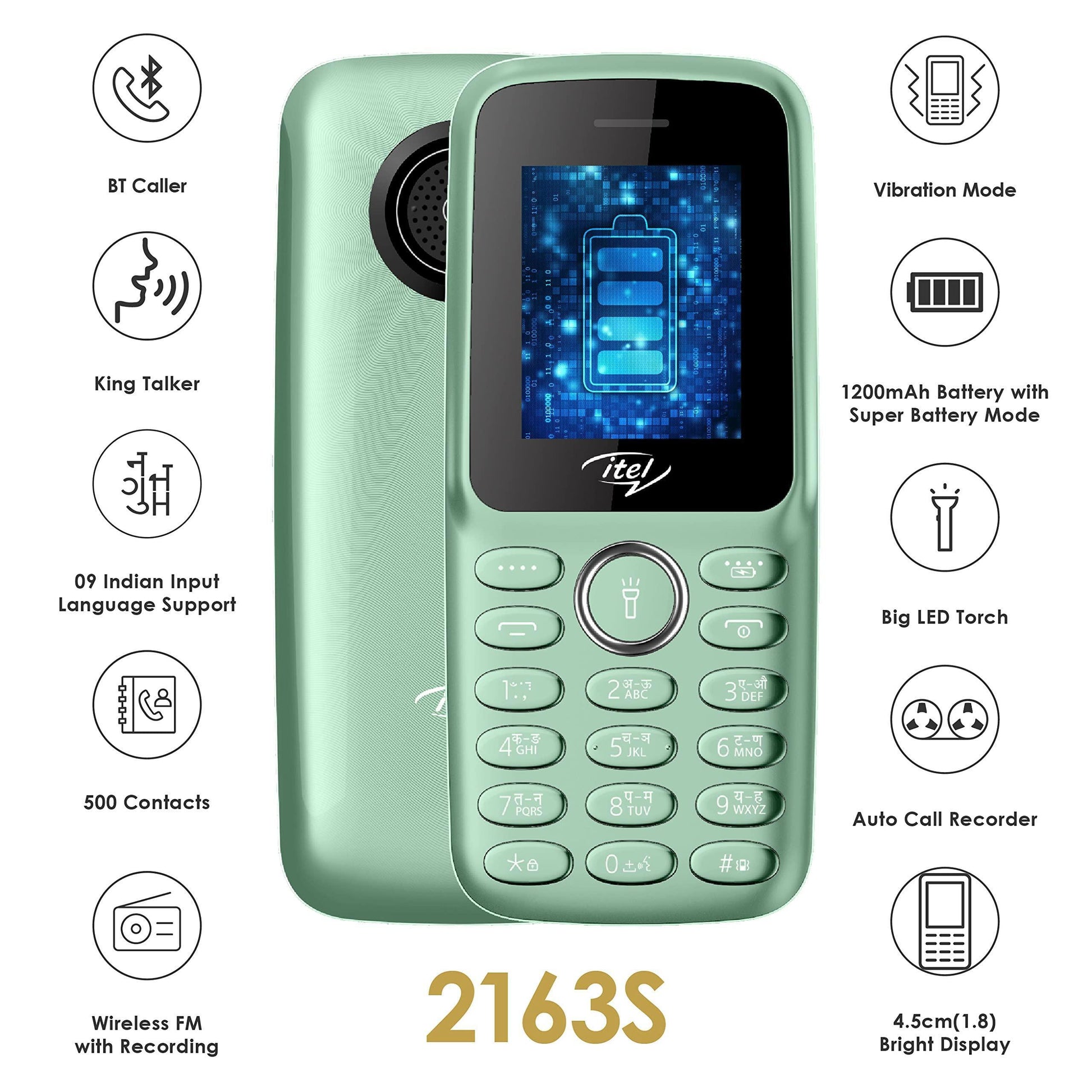 itel it2163s (4.5cm, 1200mAh, BT Caller, Kingtalker, 12+1 Month Warranty on Device with 111 Days Replacement)_Light Green 115x49.5x14.2mm - Triveni World