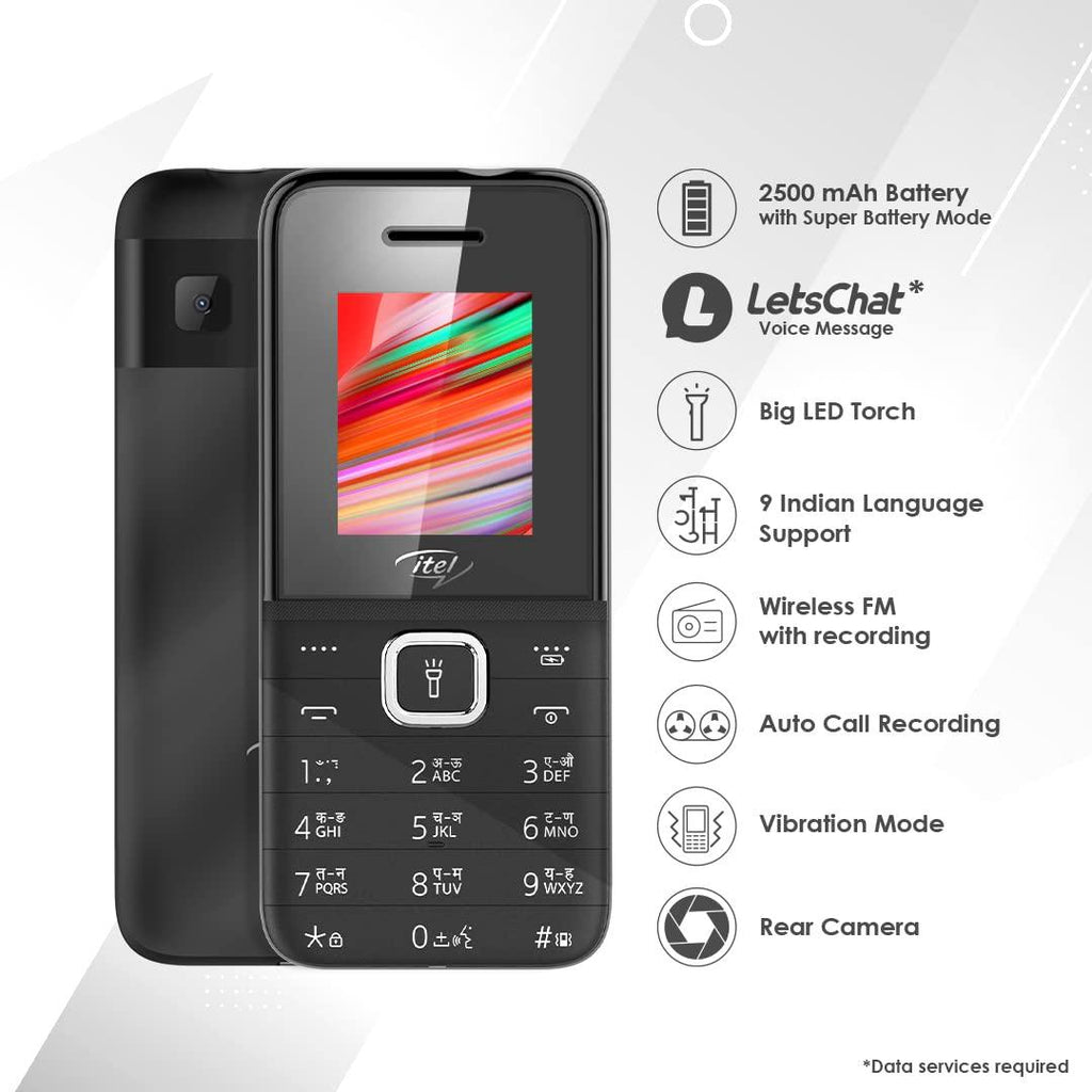 itel Power110N Comes with Big Battery of 2500 mAh with 12 Days Battery Backup, LetsChat, Big LED Torch, Vibration Mode, 09 Input Language Support_ Black - Triveni World