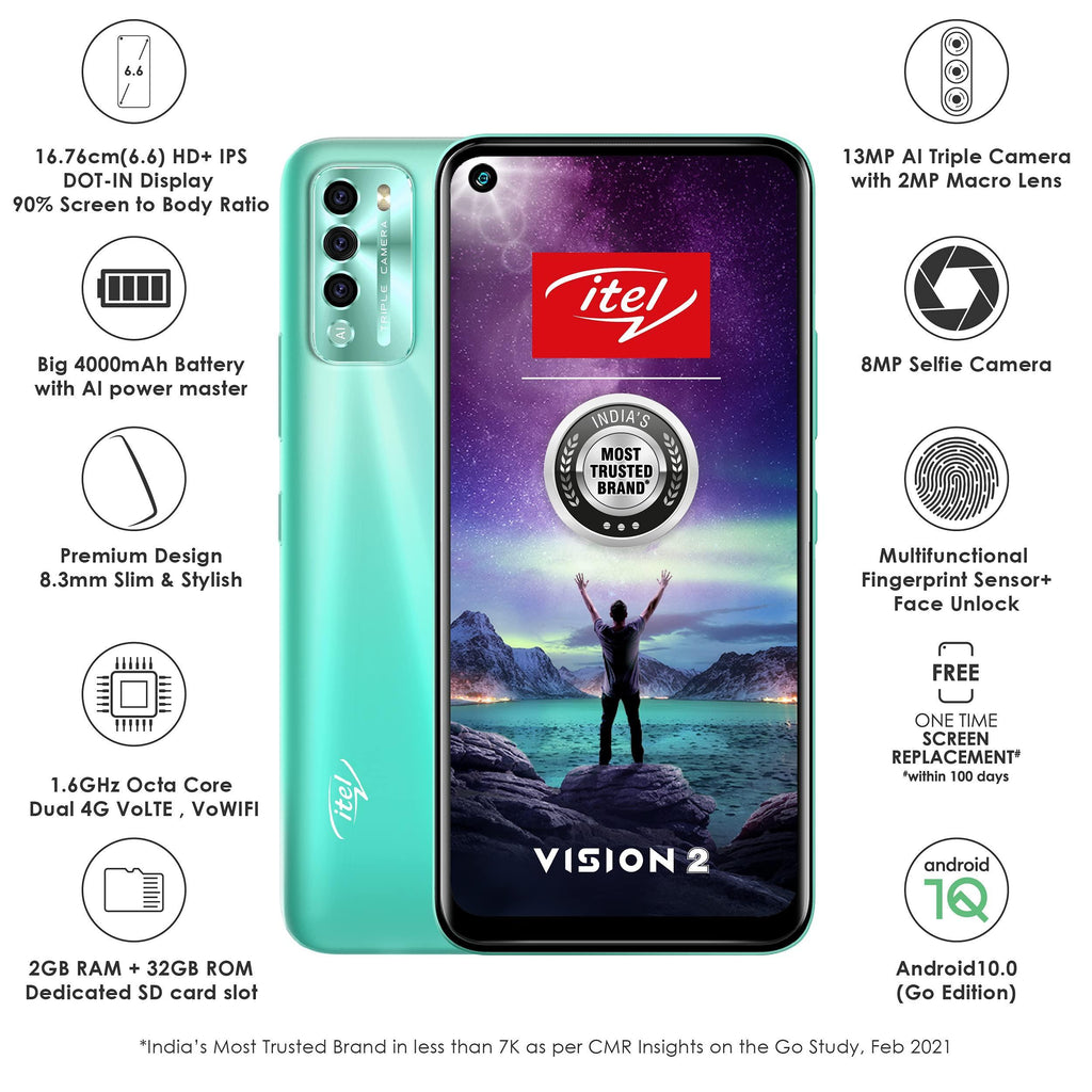 itel Vision2 (Gradation Green, 6.6'' HD+ IPS Dot-in Display, 2GB RAM, 32 GB Storage, 13MP Triple Camera), (Model: L6503) - Triveni World