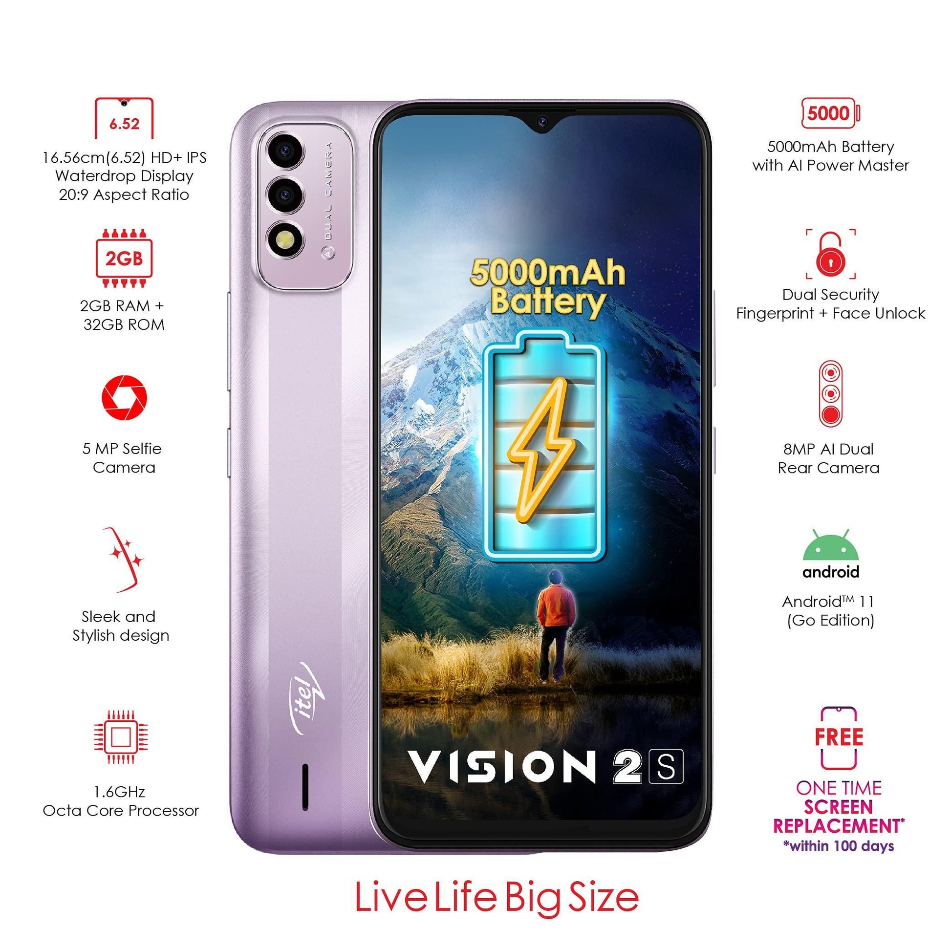 itel Vision2S (Gradation Purple, 6.52' HD+, 5000mAh Battery, 2GB RAM 32GB ROM, 8MP AI Dual Camera) (P651L) - Triveni World