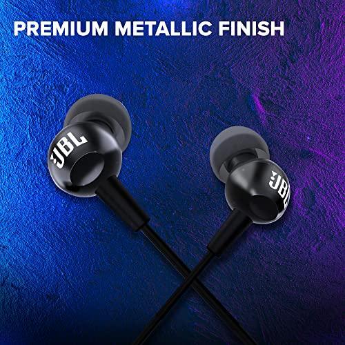 JBL C100SI Wired In Ear Headphones with Mic, JBL Pure Bass Sound, One Button Multi-function Remote, Premium Metallic Finish, Angled Buds for Comfort fit (Black) - Triveni World