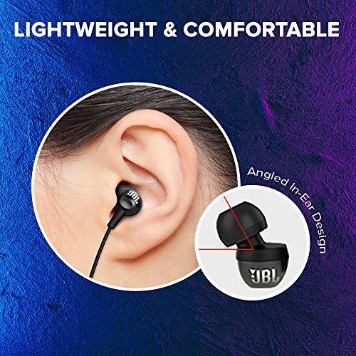 JBL C100SI Wired In Ear Headphones with Mic, JBL Pure Bass Sound, One Button Multi-function Remote, Premium Metallic Finish, Angled Buds for Comfort fit (Black) - Triveni World