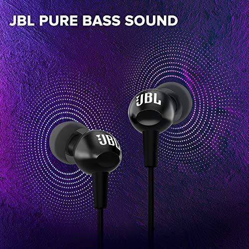 JBL C100SI Wired In Ear Headphones with Mic, JBL Pure Bass Sound, One Button Multi-function Remote, Premium Metallic Finish, Angled Buds for Comfort fit (Black) - Triveni World