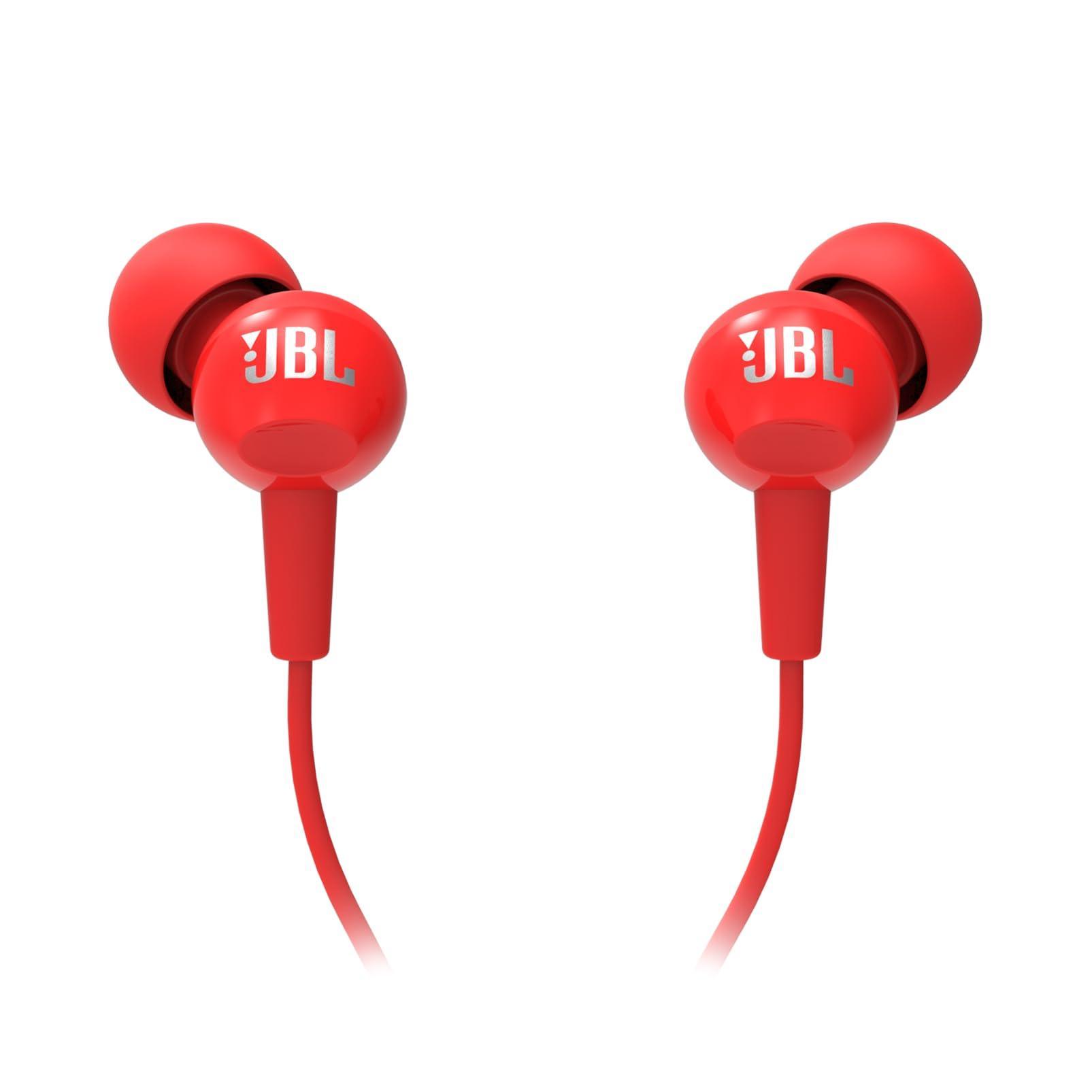 JBL C100SI Wired In Ear Headphones with Mic, JBL Pure Bass Sound, One Button Multi-function Remote, Premium Metallic Finish, Angled Buds for Comfort fit (Red) - Triveni World