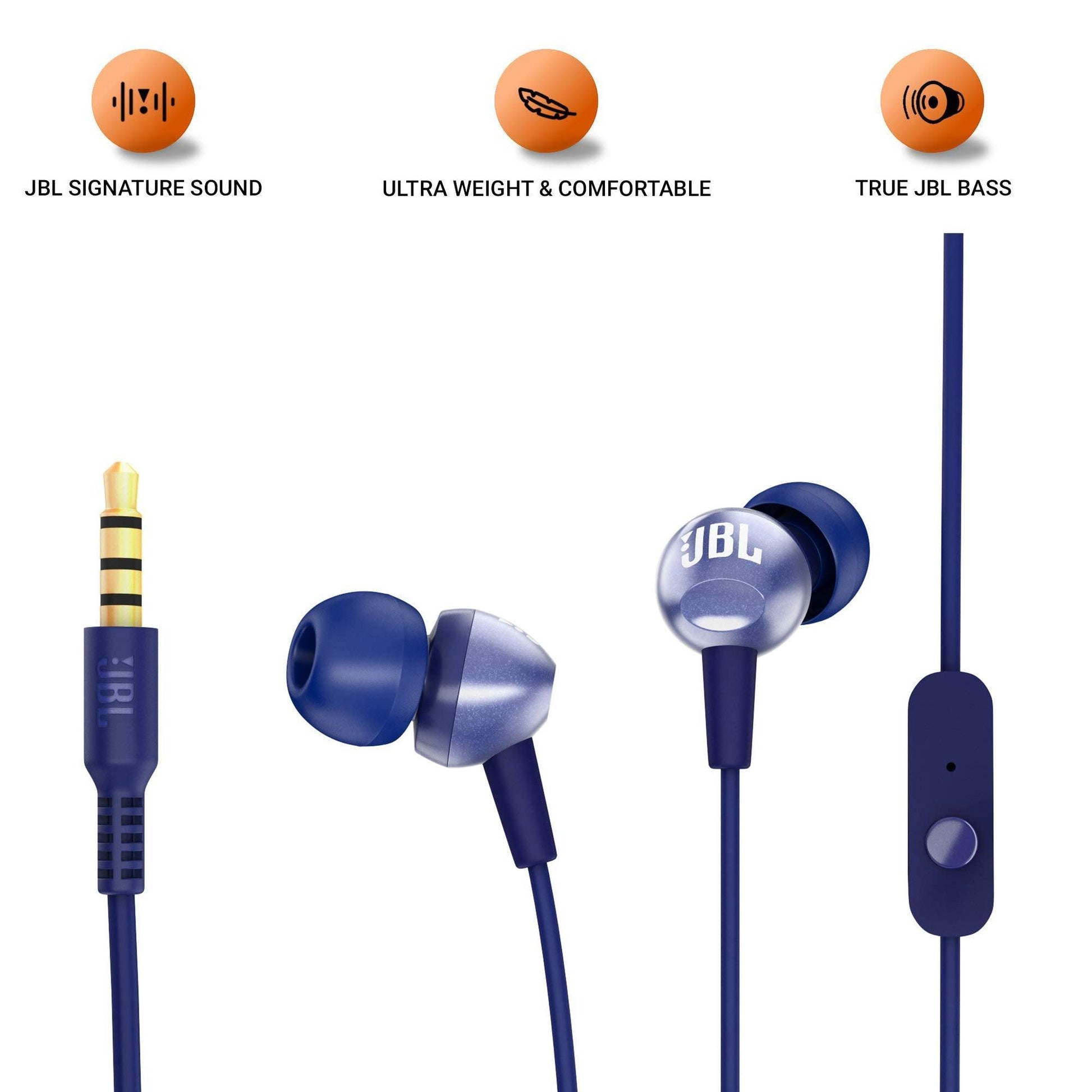 JBL C200SI, Premium in Ear Wired Earphones with Mic, Signature Sound, One Button Multi-Function Remote, Premium Metallic Finish, Angled Earbuds for Comfort fit (Blue) - Triveni World