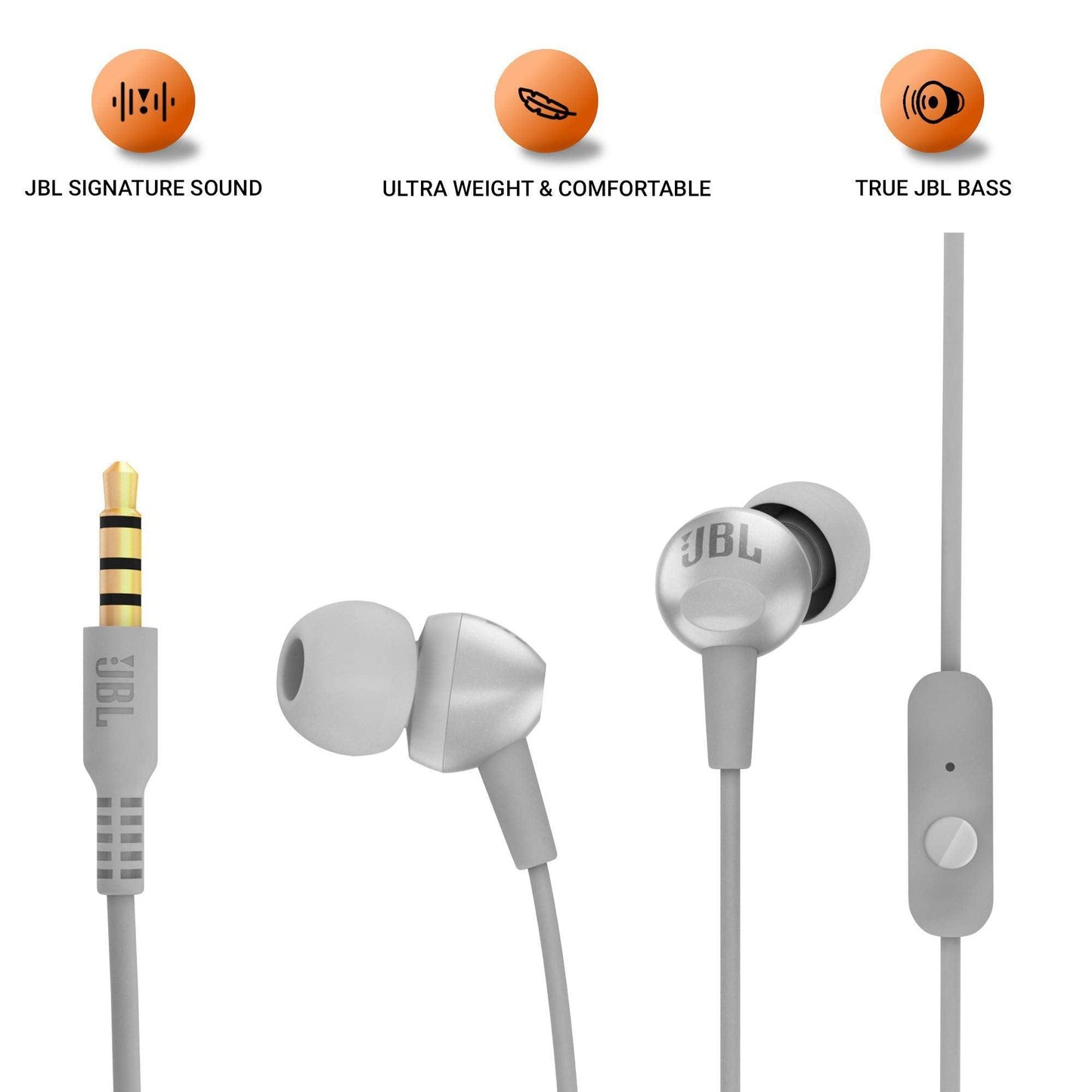 JBL C200SI, Premium in Ear Wired Earphones with Mic, Signature Sound, One Button Multi-Function Remote, Premium Metallic Finish, Angled Earbuds for Comfort fit (Gray) - Triveni World