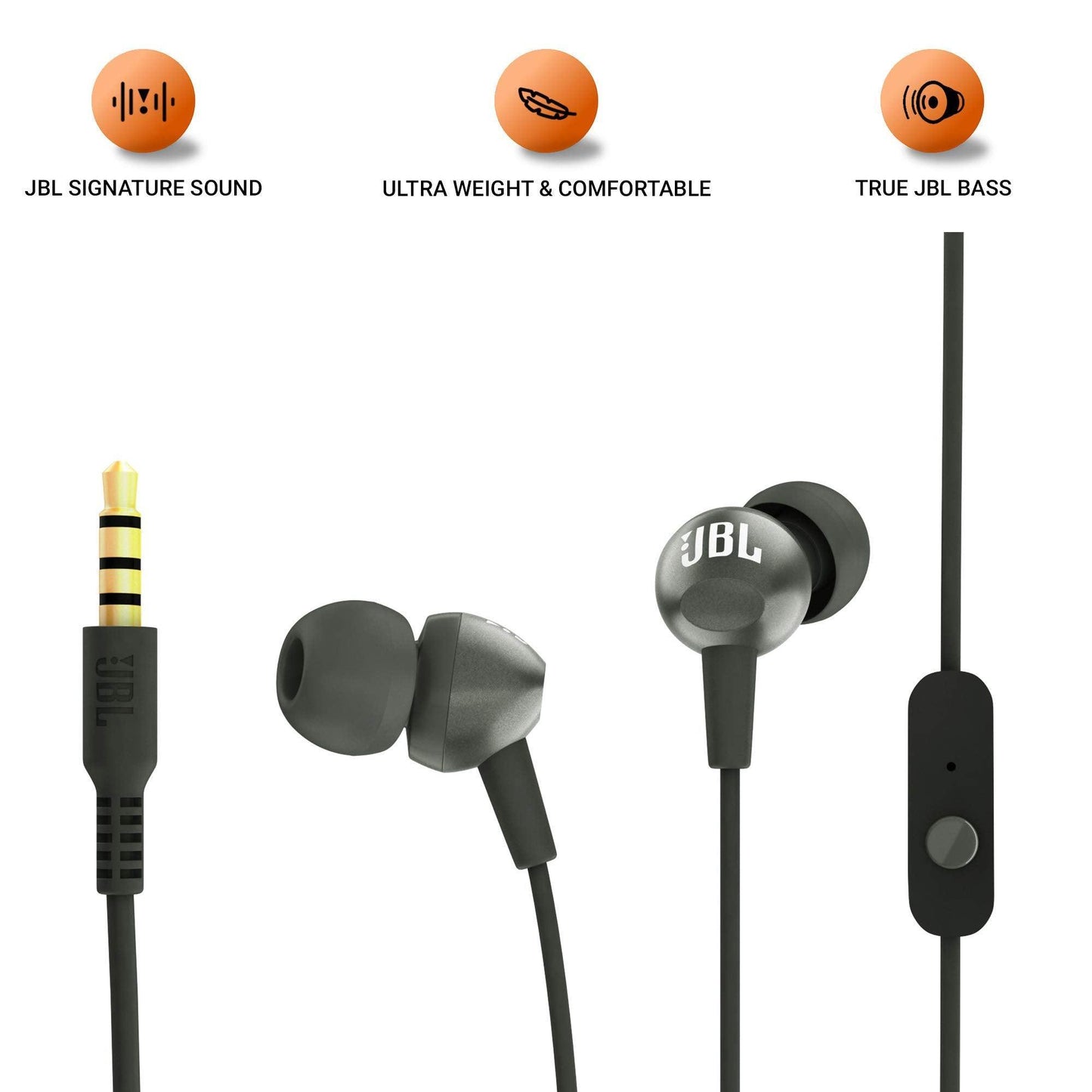 JBL C200SI, Premium in Ear Wired Earphones with Mic, Signature Sound, One Button Multi-Function Remote, Premium Metallic Finish, Angled Earbuds for Comfort fit (Gun Metal) - Triveni World