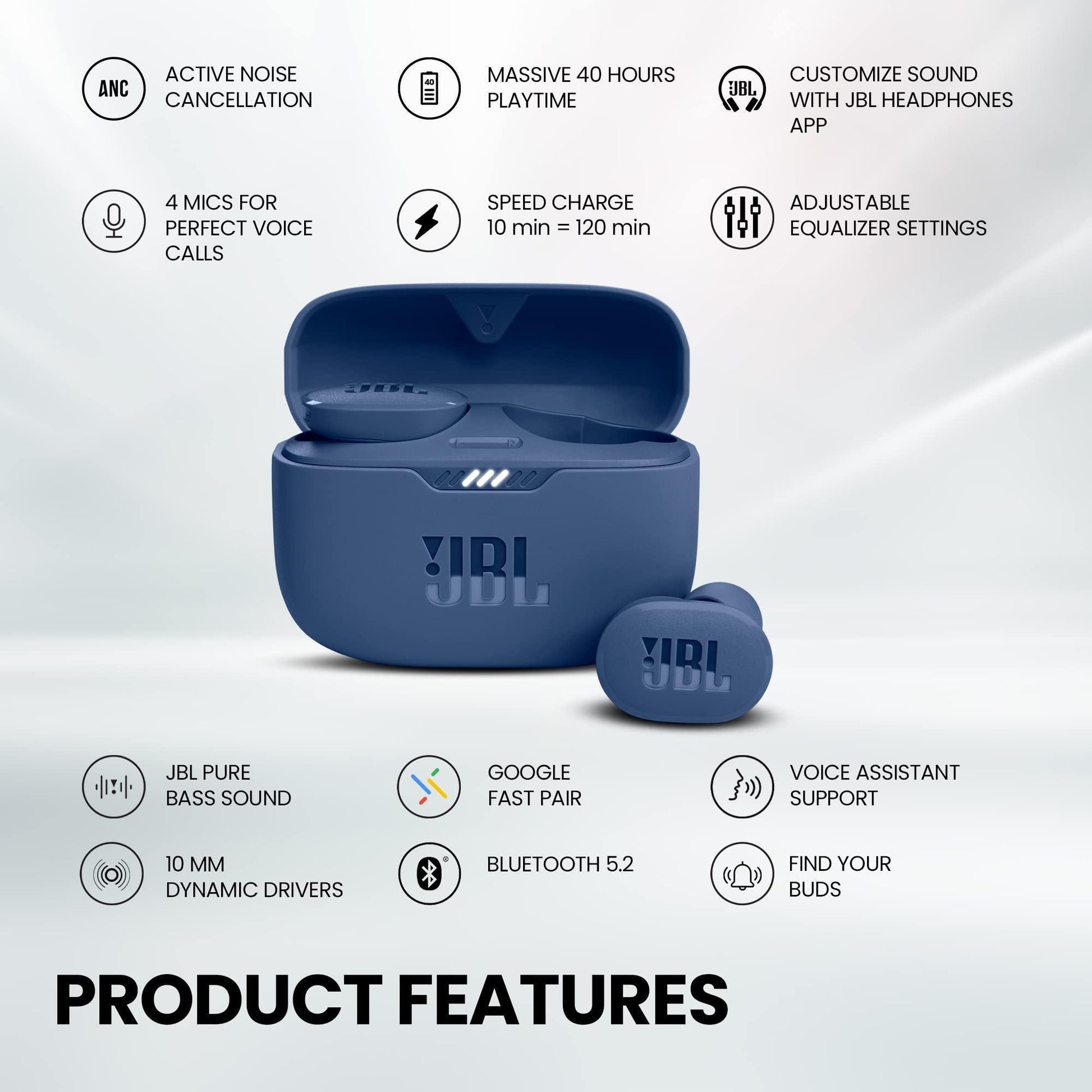 JBL Tune 130NC in Ear Wireless TWS Earbuds with Mic, ANC Earbuds(Upto 40Db), Customizable Bass with Headphones App, 40Hrs Playtime, Legendary Sound, 4 Mics for Clear Calls, Bluetooth 5.2 (Blue) - Triveni World