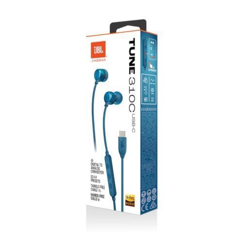 JBL Tune 310 Wired in-Ear Type C Headphones, Hi-Res Audio with Digital-to-Analog Converter, 3-Button EQ Preset Remote with Microphone, Tangle-Free Flat Cable, Compatible with USB-C Devices (Blue) - Triveni World