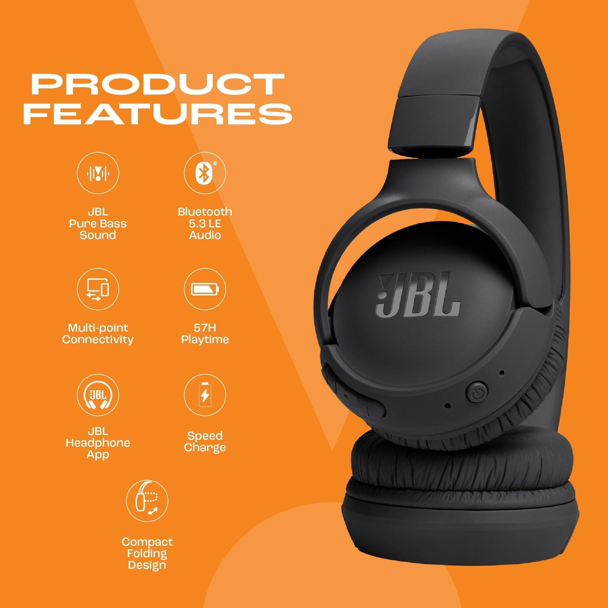 JBL Tune 520BT Wireless On Ear Headphones with Mic, Pure Bass Sound, Upto 57 Hrs Playtime, Speedcharge, Customizable Bass with Headphones App, Lightweight, Bluetooth 5.3 (Black) - Triveni World