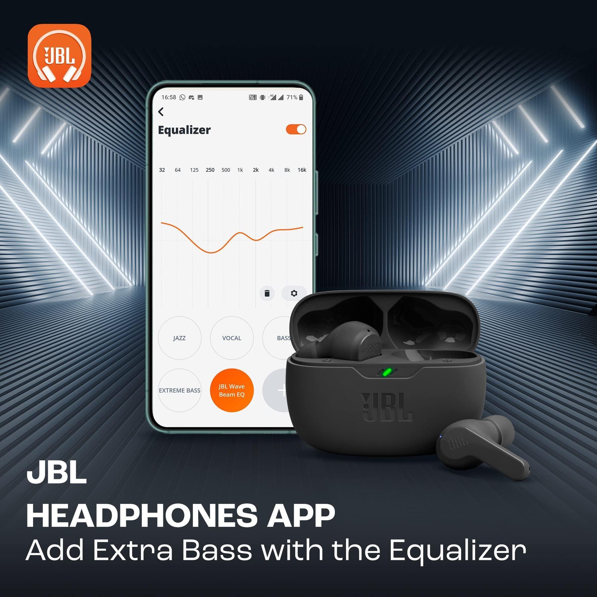 JBL Wave Beam in-Ear Wireless Earbuds (TWS) with Mic,App for Customized Extra Bass Eq,32 Hours Battery&Quick Charge,Ip54 Water&Dust Resistance,Ambient Aware&Talk-Thru,Google Fastpair (Black) - Triveni World