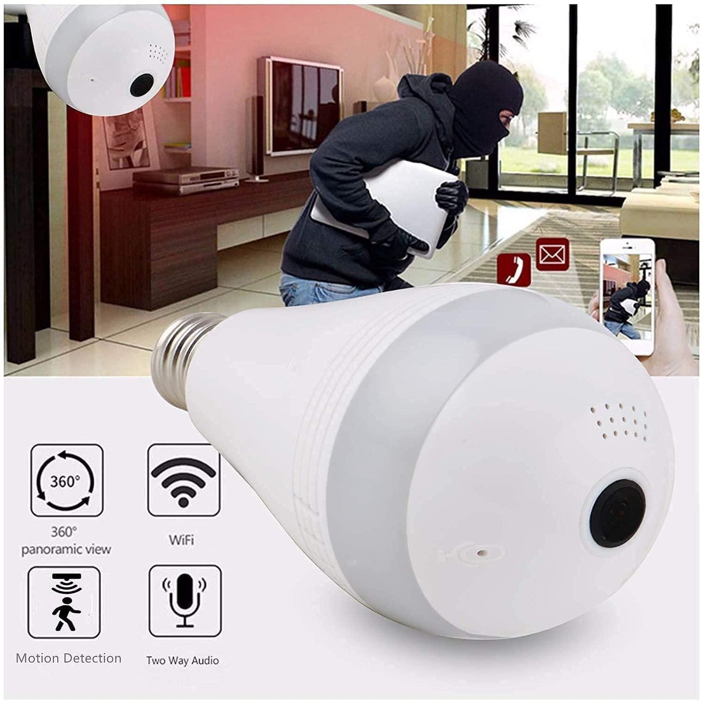 JNKC Full HD Picture Bulb Home Security Camera 1080p AI Powered Motion Detection l Infrared Light Vision | 360° Panorama | Talk Back Feature (Bulb Camera) - Triveni World