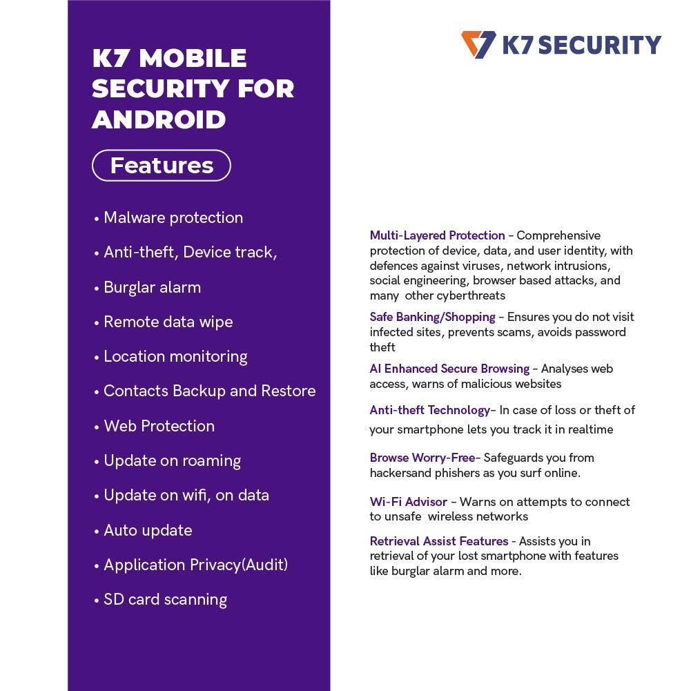 K7 Security Mobile - Android 1 User 1 Year (Email Delivery - No CD) - Triveni World