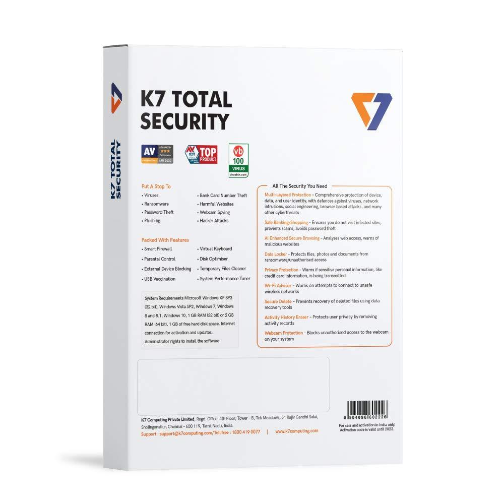 K7 Total Security - 1 PC, 1 Year (Activation Key Card / Voucher) - Triveni World