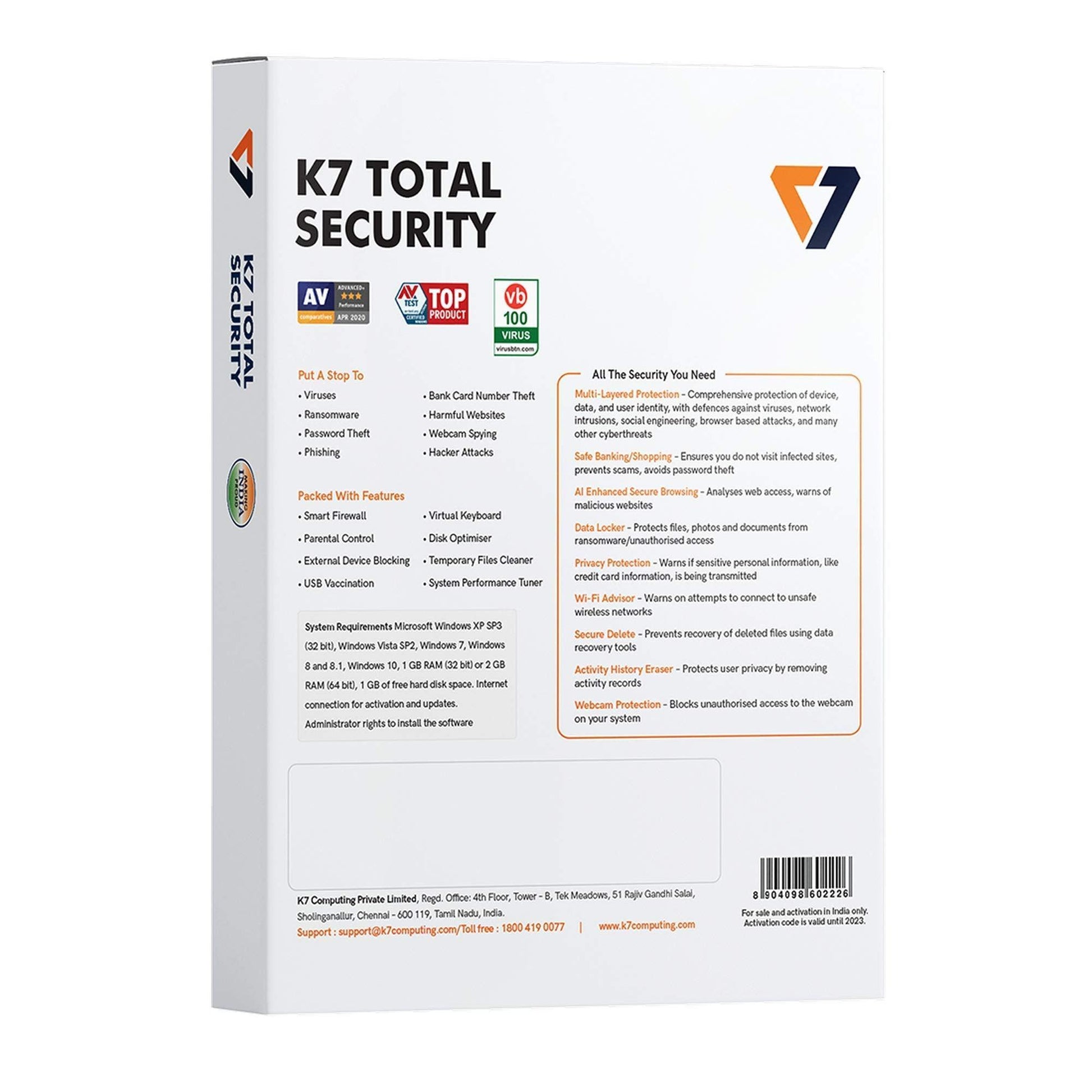 K7 Total Security - 3 PC, 1 Year (Activation Key Card / Voucher) - Triveni World