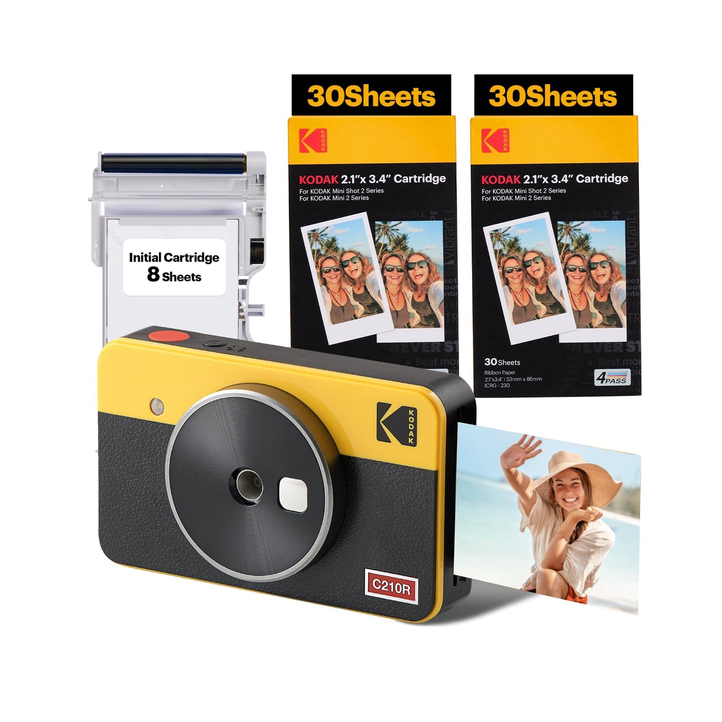 KODAK Mini Shot 2 Retro 4PASS 2-in-1 Instant Camera and Photo Printer (2.1x3.4 inches) + 68 Sheets Bundle, Yellow - Triveni World