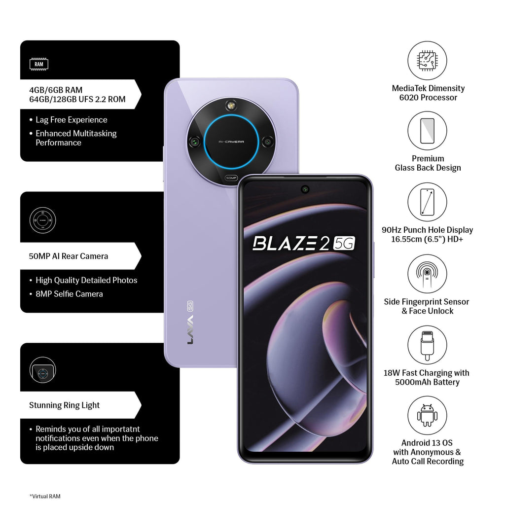 Lava Blaze 2 5G (Glass Lavender, 4GB RAM, 64GB Storage)| Stunning Ring Light| 50 MP AI Camera |5000 mAh Battery| Upto 8 GB Expandable RAM - Triveni World