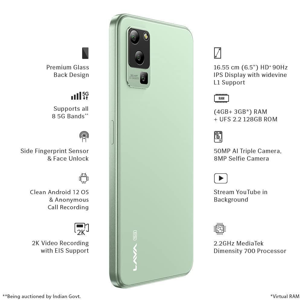 Lava Blaze 5G (Glass Green, 4GB RAM, UFS 2.2 128GB Storage) | 5G Ready | 50MP AI Triple Camera | Upto 7GB Expandable RAM | Charger Included | Clean Android (No Bloatware) - Triveni World