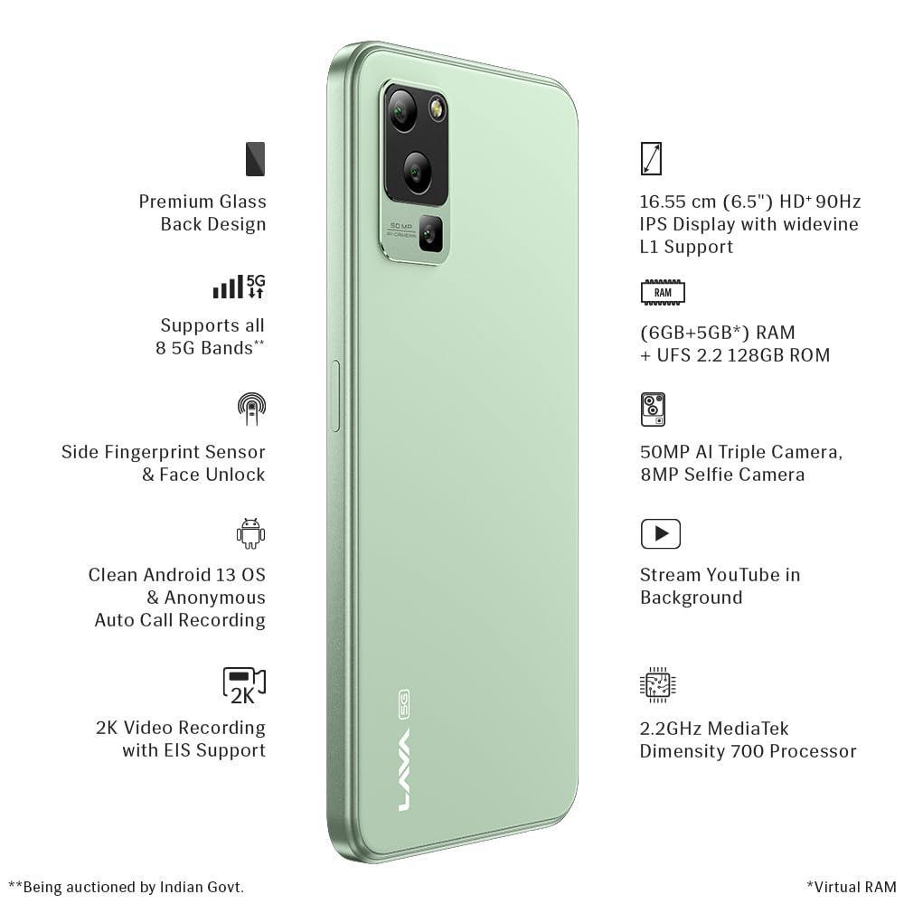 Lava Blaze 5G (Glass Green, 6GB RAM, UFS 2.2 128GB Storage) | 5G Ready | 50MP AI Triple Camera | Upto 11GB Expandable RAM | Charger Included | Clean Android (No Bloatware) - Triveni World